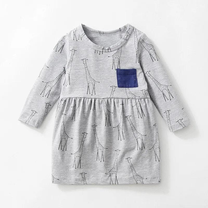 Little Maven Spring Autumn New Full-Sleeved Grey Giraffe Printed O-neck 1-6yrs Pocket Knitted Cotton Girls Casual Dresses | Детская