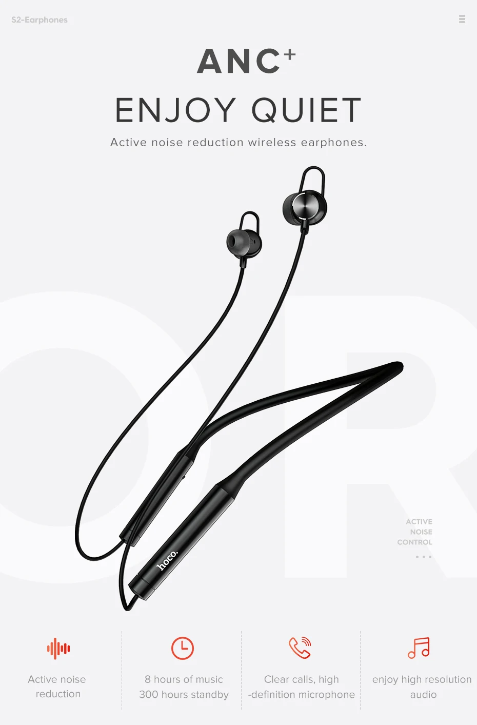 Hoco S2 спортивные Bluetooth наушники с активным шумоподавлением беспроводные