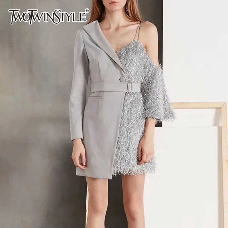 TWOTWINSTYLE 2020 осенние Лоскутные Платья с кисточками для женщин v образным вырезом на