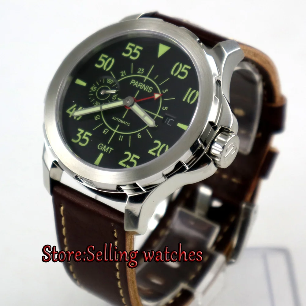 

44mm Parnis black dial red GMT Sapphire glass ST 2557 Automatic Mens Watch