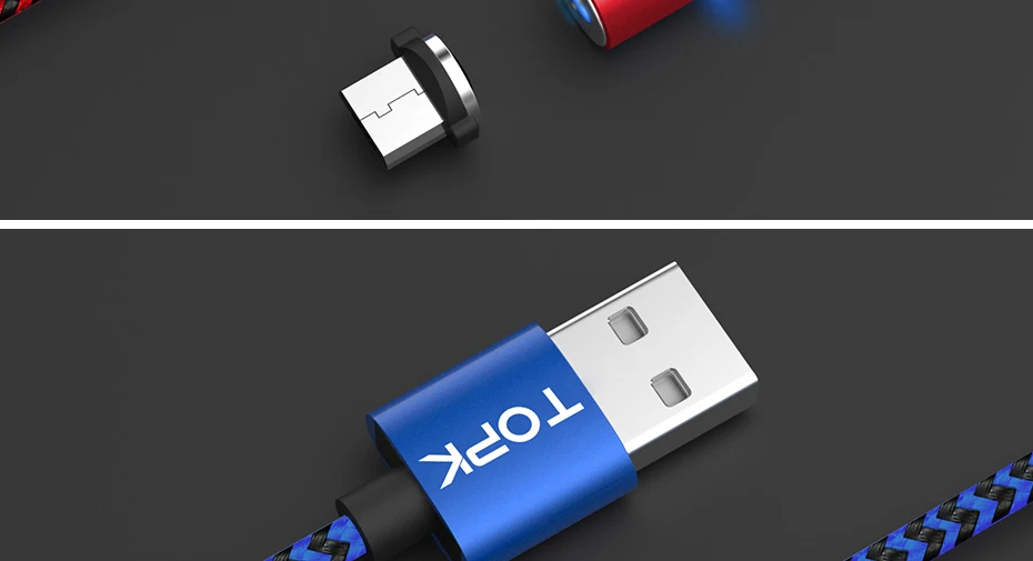 TOPK R-Line3 Магнитный кабель Micro USB, нейлоновый плетеный кабель для мобильного телефона, светодиодный кабель для зарядки Micro USB