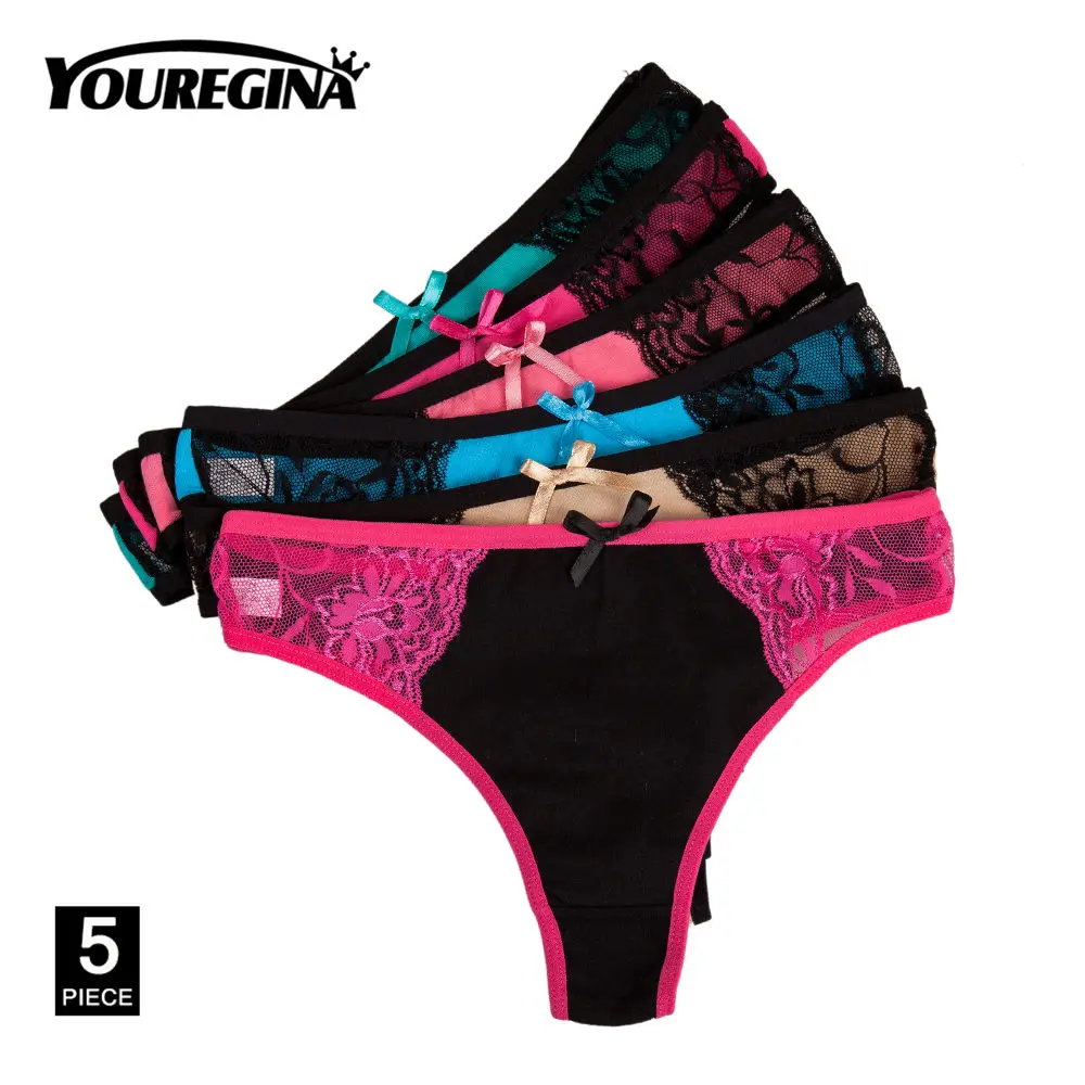 F Mixed color-5 pcs YOUREGINA женские стринги хлопковые стринги сексуальные кружевные трусики с низкой посадкой дамское нижнее белье женское нижнее белье однотонный бант принт 5 шт./партия - Цвет: F Mixed color-5 pcs