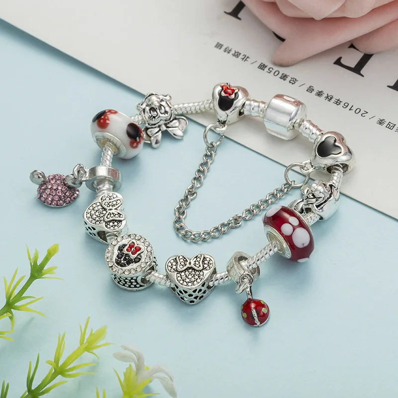 Kawaii Mickey, Круглые Эмалированные Симпатичные Бусины, европейский браслет, любовь, браслеты с изображением единорога, безопасная цепочка, браслеты для женщин, девочек, детей, ювелирные изделия
