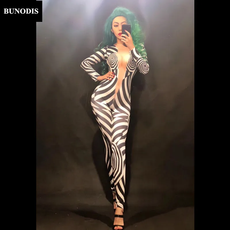 ZD260 Women Sexy Skin Color Jumpsuit 3D Printed Zebra Pattern Bodysuit Nightclub Party Celebrate Dancer Singer Customes