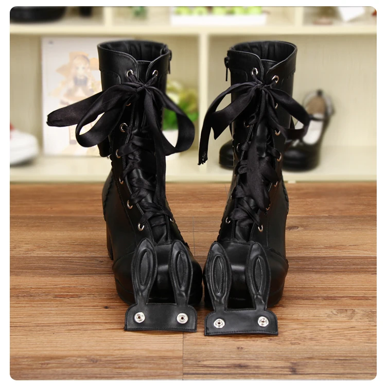 

New Women Leather Mid-Calf Boots With Bunny Ears Ladies Brown Shoes Punk High Heels Boots Butterfly-Knot Lace-Up Boots For Girls