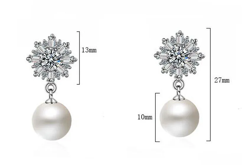 Модные серьги-гвоздики с белыми цирконами и жемчужиной в виде снежинки из серебра 925 пробы для девочек и женщин, ювелирные изделия в розовом золоте для свадебной вечеринки ED459.