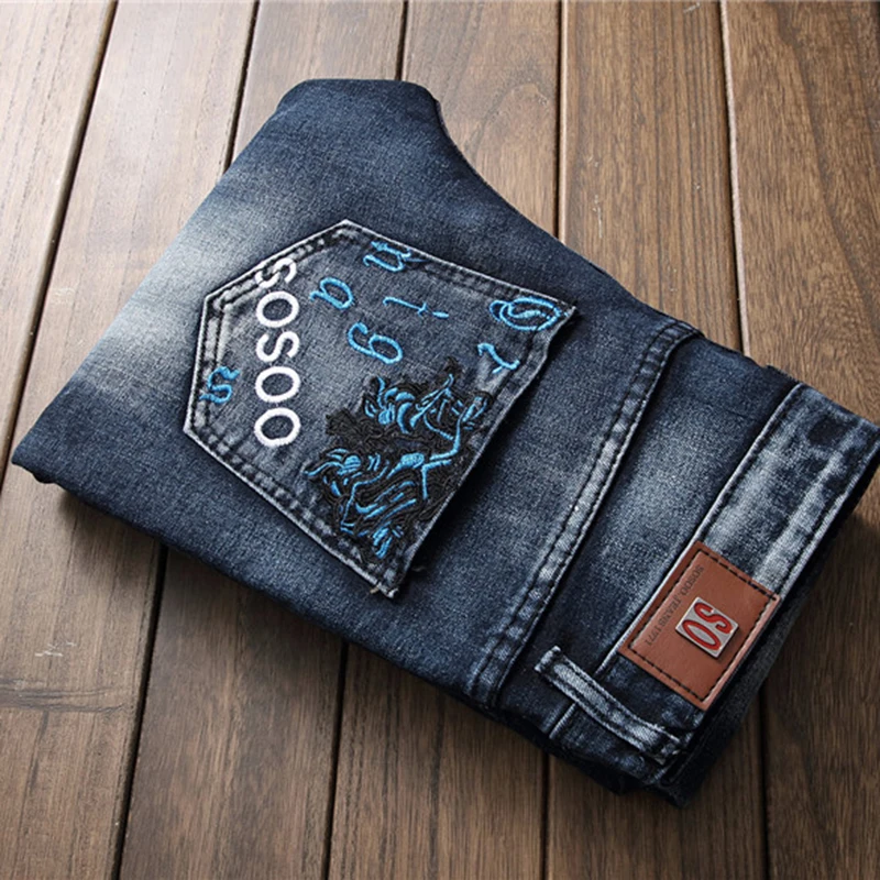 Высокое качество Для мужчин синий Винтаж с вышивкой надписями байкерские джинсы