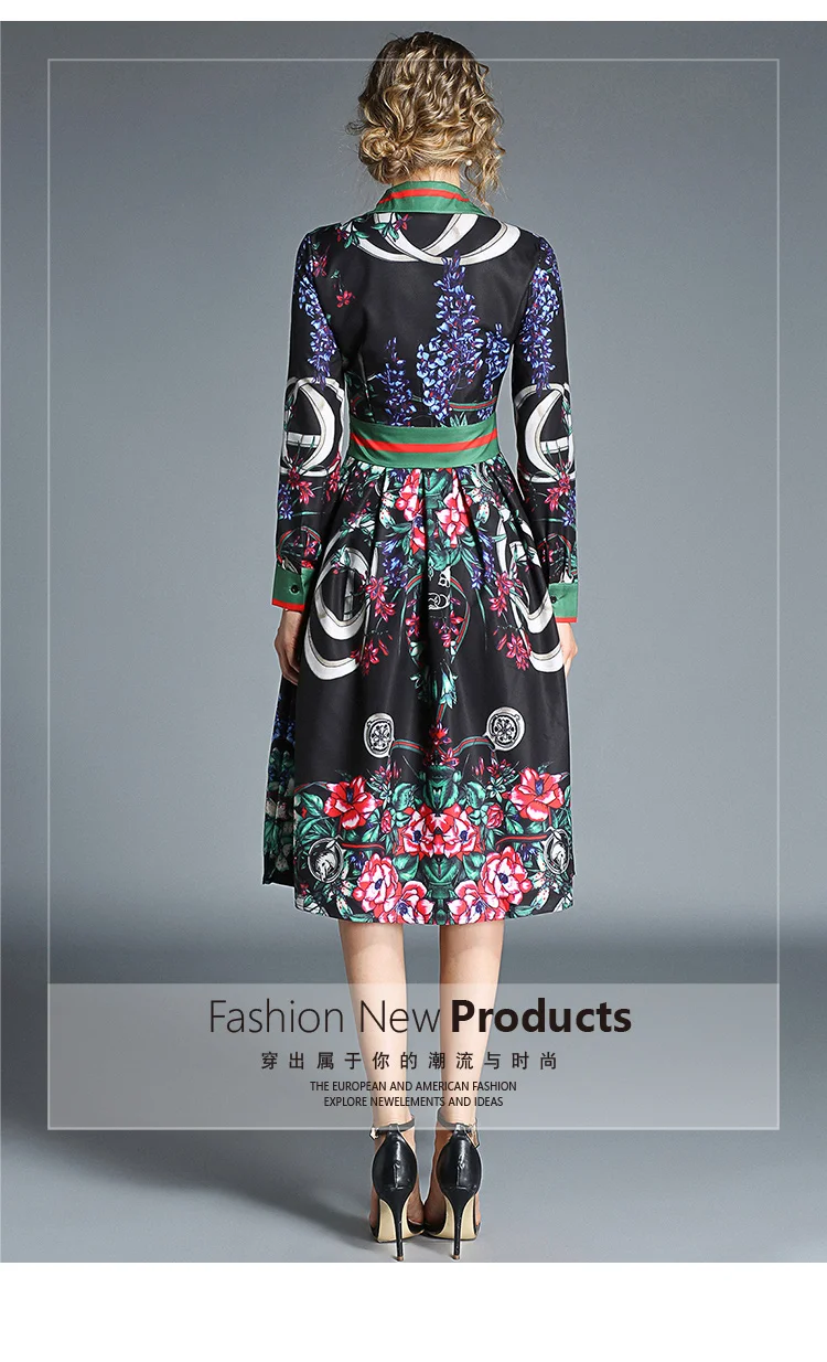 Осеннее модное женское платье на кнопках с цветочным принтом и отложным