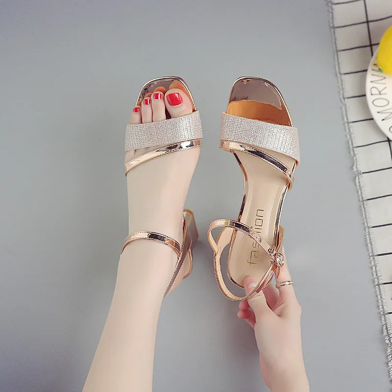 

Summer Women's Sandals Square Toe Square heel Buckle Strap Sequined Cloth Woman shoes