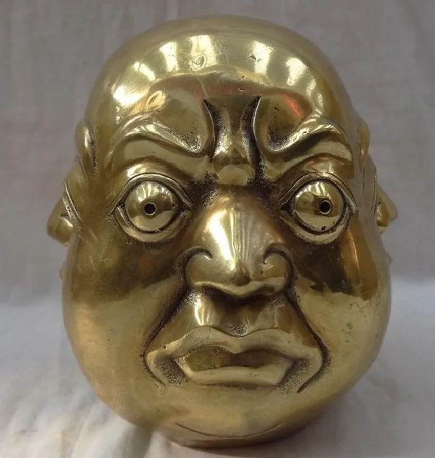 

Copper Brass CHINESE crafts decoration Chinese Brass Joss Carved 4 Face Xi Nu Ai Le Happy Maitreya Buddha Head Statue