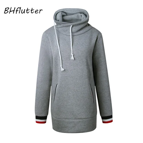 BHflutter, женская зимняя одежда,, толстовки с капюшоном, куртки, одноцветные, с длинным рукавом, женские карманы, повседневные толстовки bluzy damskie - Цвет: Серый