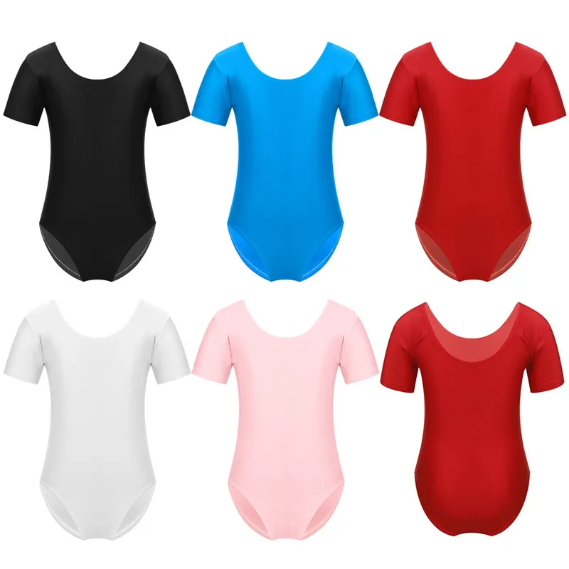 Детский базовый однотонный эластичный гимнастический купальник с короткими