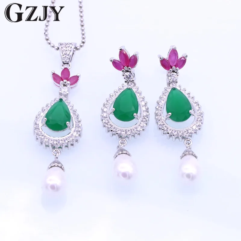 green GZJY Мода Свадебная вечеринка капли воды циркон и жемчуг кулон цепочки и ожерелья серьги набор украшений для женщин юбилей подарок bijoux - Окраска металла: green