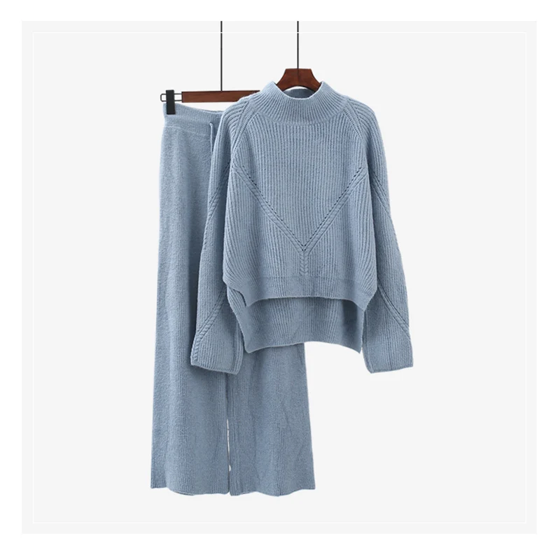 

2020 Women Sweater Knitted Tracksuit Suit Two Piece Sets Casual Long Sleeve Pullover Sweaters Tops Wide Leg Pants Female Clothes