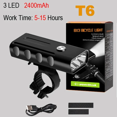 T6 5 hours 3 LED Велосипедный светильник NEWBOLER, 5200 мА/ч, комплект, T6 L2, вспышка, светильник для велосипеда, 2400 люмен, светодиодный фонарь, USB, головной светильник, кронштейн, велосипедная лампа Fornt - Цвет: T6 5 hours 3 LED