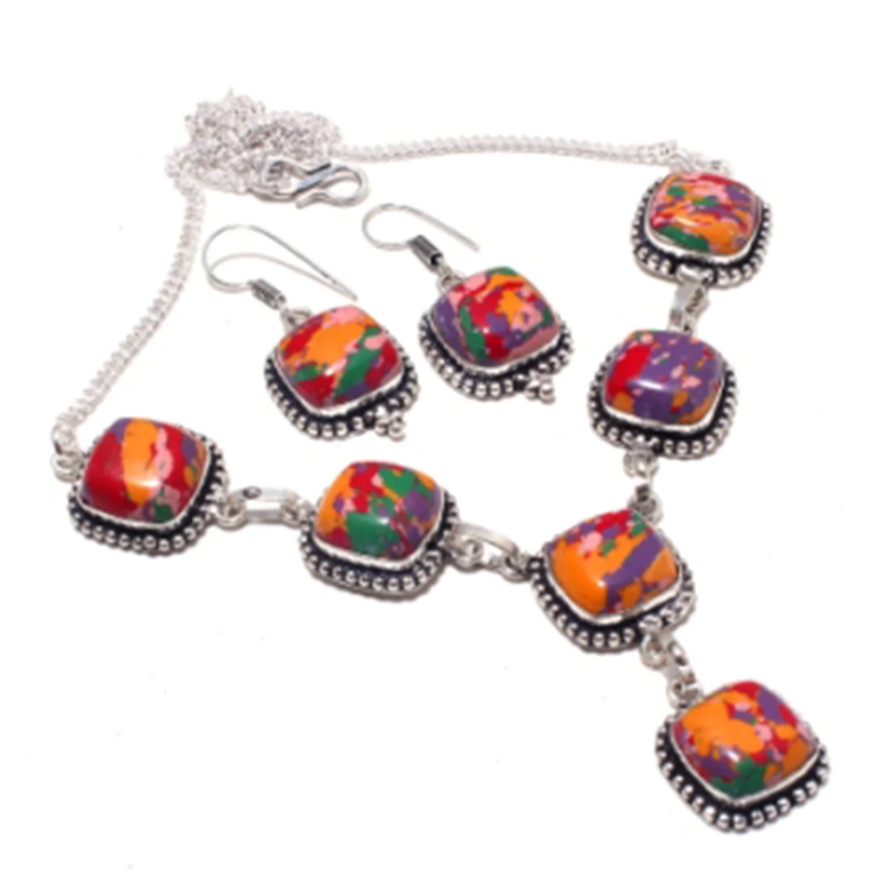 

Rainbow Calsilica Necklace + Earings Silver Overlay over Copper, 48.6 cm , N3924