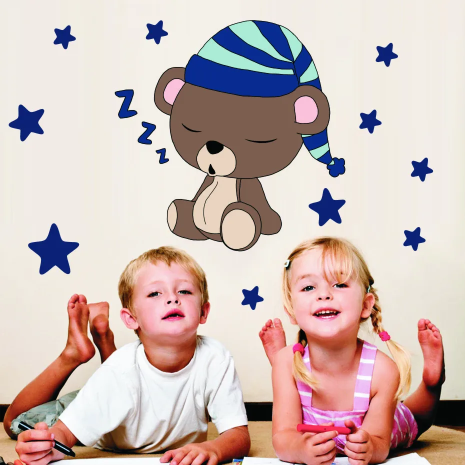 Cute Quite Sleep Bear with Stars Wall Decals Children's Kids Cartoon DIY Art Vinyls Stickers Bedroom Home Decor Mural Wallpaper