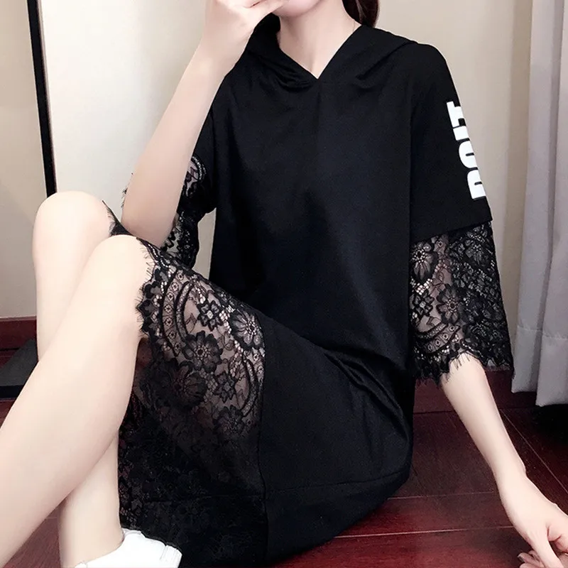 Женское платье с капюшоном летнее кружевное большого размера в Корейском стиле