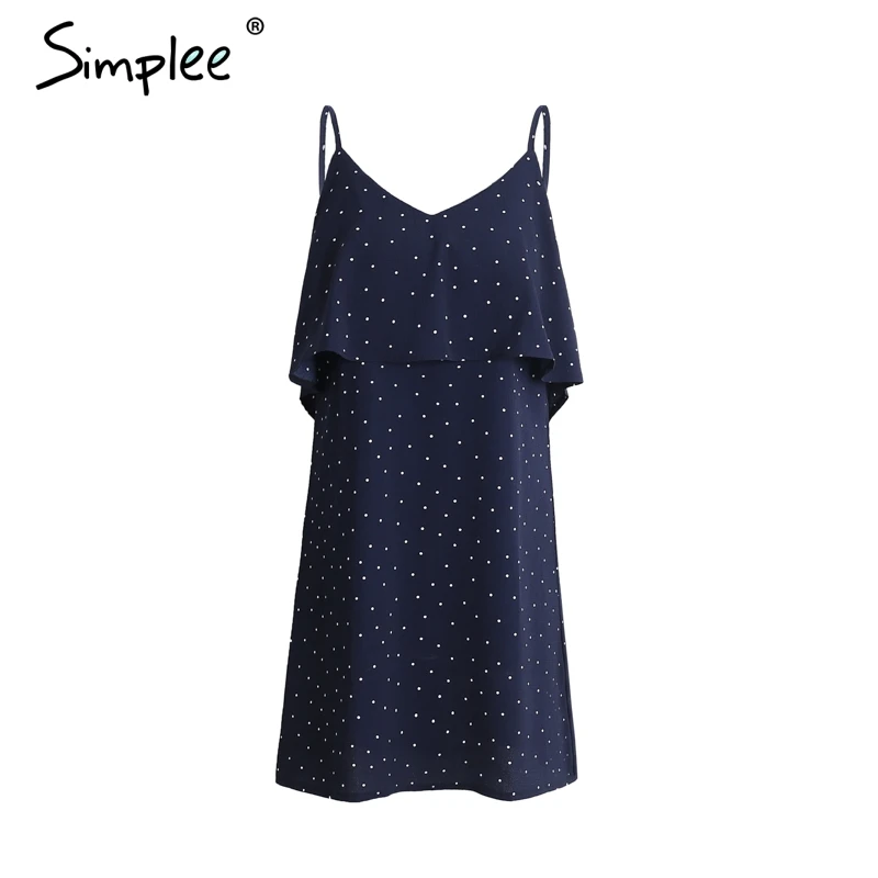 Simplee рюшами шифоновые в горошек летнее платье Винтаж мягкий черный короткое с