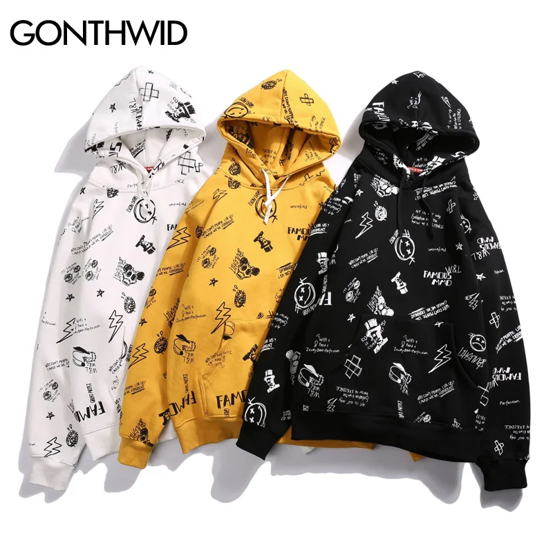 GONTHWID Harajuku Graffiti 2018 Autumn Winter Fleece Hoodies Mens Casual Hooded Sweatshirts Streetwear Male Hip Hop Hoodie Tops | Мужская