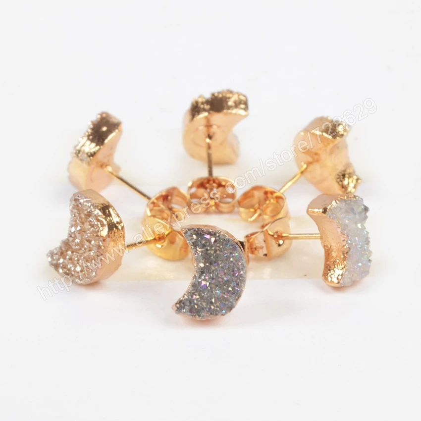 5pcs Gold Color Moon Natural Crystal Titanium Mix Druzy Stud Earrings High Quality Drusy Jewelry Free Shipping G0913 | Украшения и