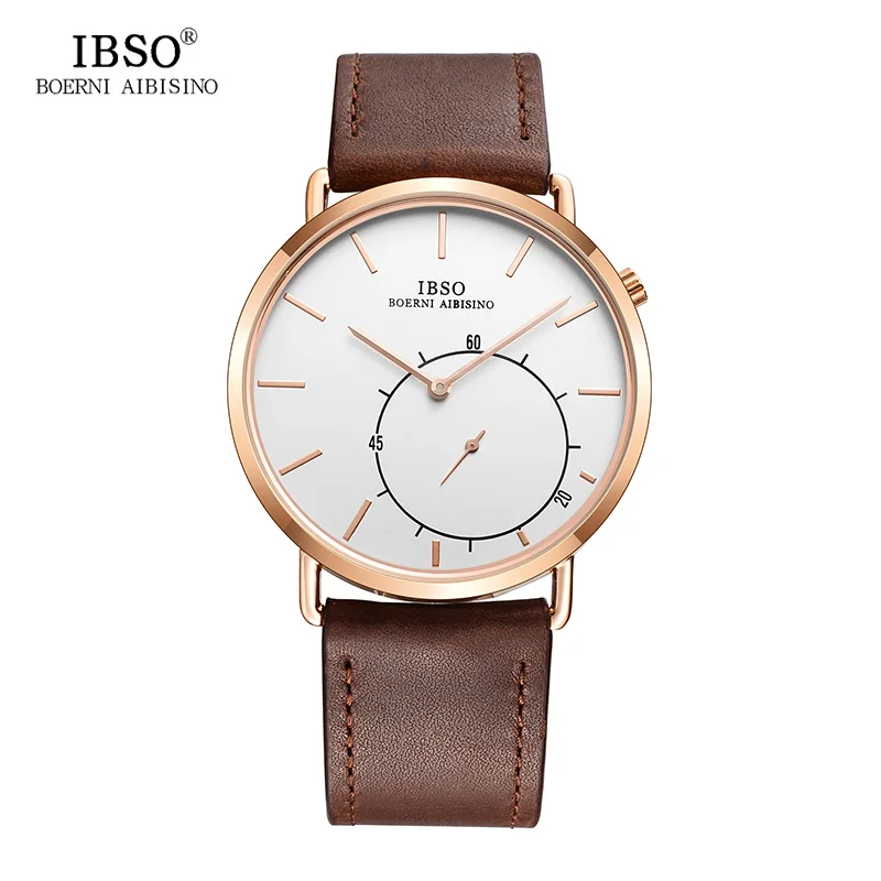 IBSO Мужские кварцевые часы Бизнес 8 мм ультра тонкие наручные из натуральной кожи