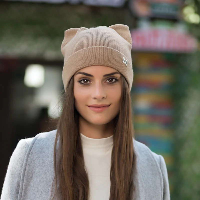 Зимняя женская шапка Skullies Beanies Милая шапка для девочек Осенняя шапочка-бини шапка s теплая шапка женская Повседневная шапка - Цвет: beige
