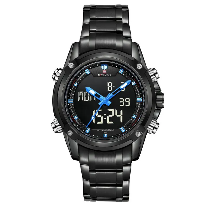 BLACK BLUE NAVIFORCE, военные часы, люксовый бренд, кварцевые, светодиодный, цифровые часы, полностью стальной ремешок, водонепроницаемые, армейские, модные, двойное время, аналоговые часы - Цвет: BLACK BLUE