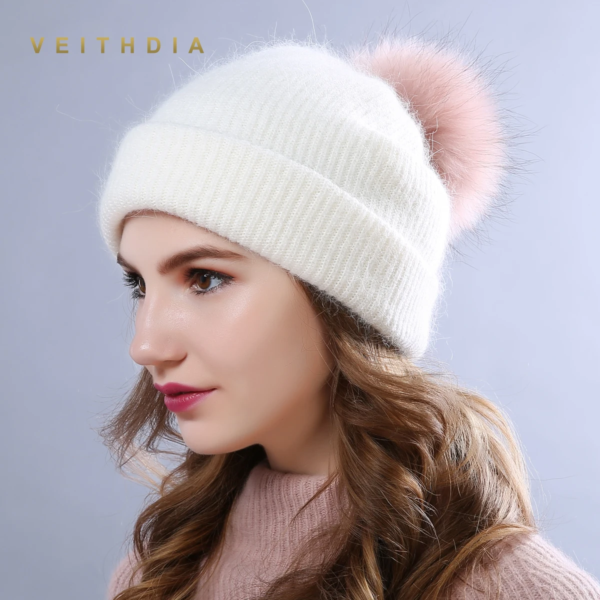 Женская вязаная шапка VEITHDIA двухслойная с кроличьим мехом Мягкая шерстяная