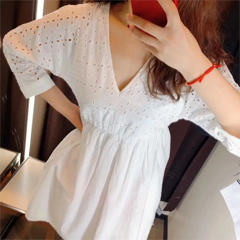 Женское винтажное платье с вышивкой белое пляжное мини v образным вырезом