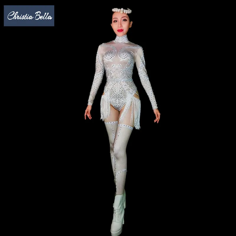 Christia Bella Sexy Rhinestone Jumpsuit White Crystals Bodysuit Women Nightclub Party Singer Rompers Jazz Stage Performance Wear
