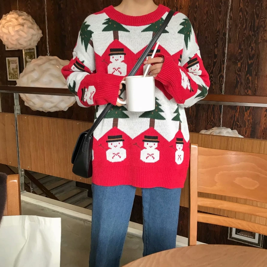 autumn 2019 winter clothes women sweaters harajuku korean fashion personality tree snowman red knitted christmas sweater | Женская