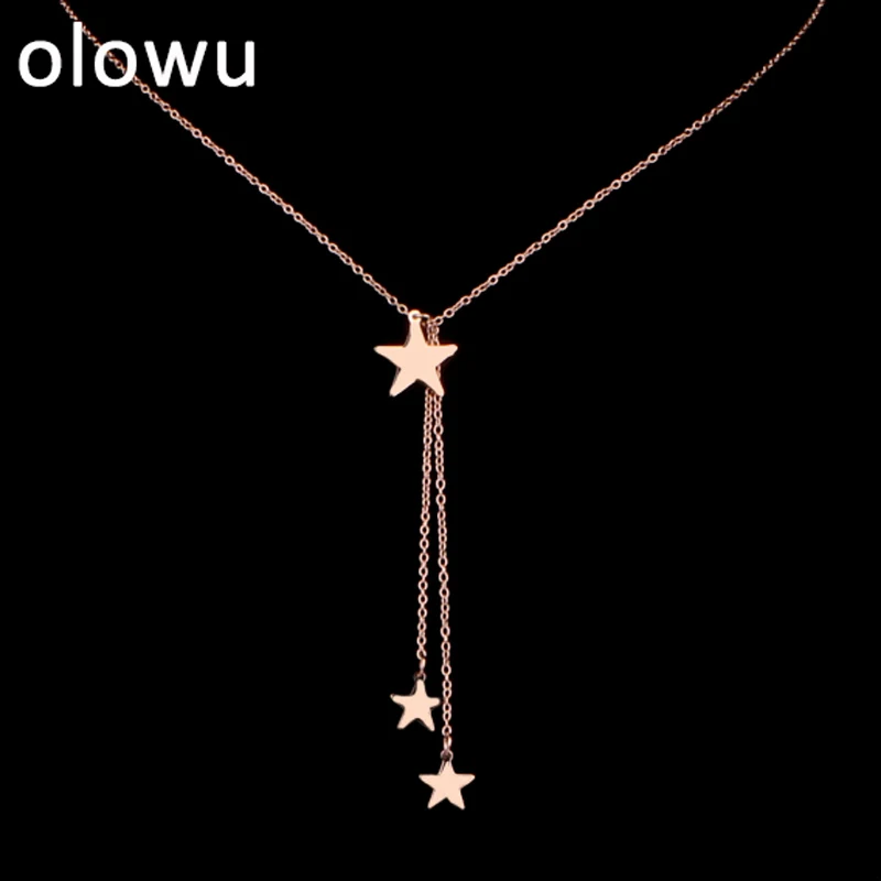 Rose gold Olowu, очаровательное женское ожерелье с 3 звездами, колье из нержавеющей стали, Длинная подвеска, цепочка, ожерелье на заказ, фантастическое розовое золото, ювелирное изделие - Окраска металла: Rose gold