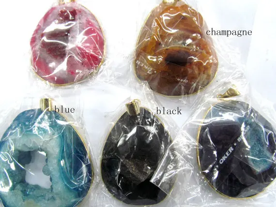 

high quality 30-55mm 6pcs genuine purple agate gemstone crystal druzy quartz titanium freeform nuggets gold charm focal pendant