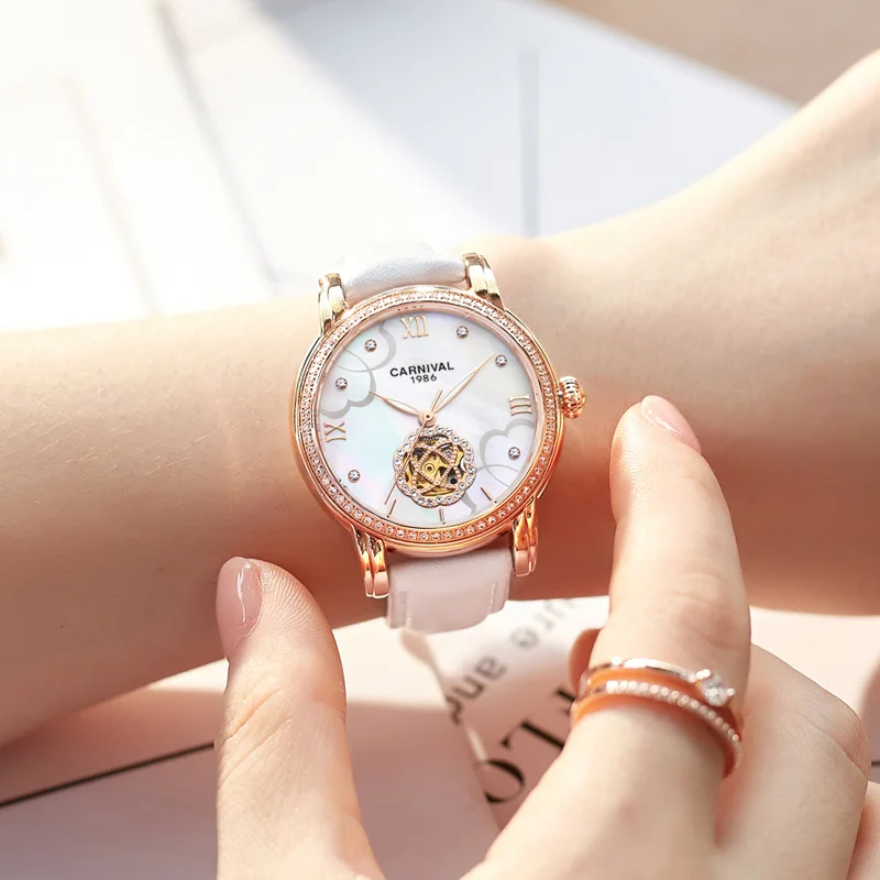 Фото 33mm 2017 New CARNIVAL Skeleton Mechanical Automatic Watch Wristwatch For Women With Red Leather Strap relogio feminino 2017 №3