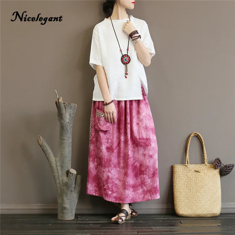 Nicelegant Vintage Art Tie Dye Long Skirt Women Cotton Summer Chinese Style Loose Tibetan Embroidery Female Split | Женская одежда
