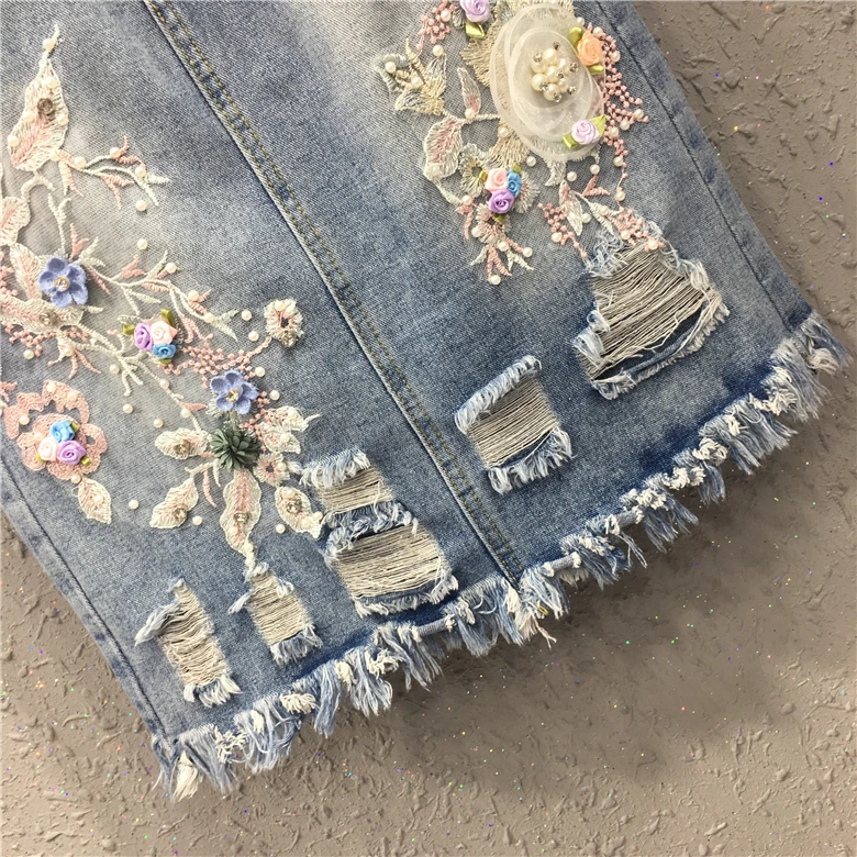 

Summer Fashion Lady Womens High Waisted Embroidered Slimtassel Ripped Pencil Denim Skirt , Women Hole Pearls Skinny Jeans Skirts