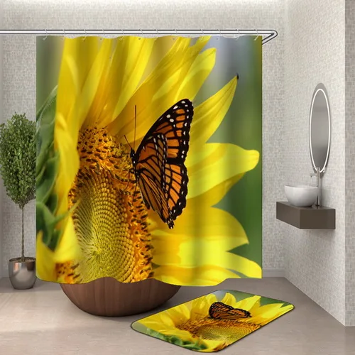 HY144 Yellow Gold Shower Curtain Butterfly Bathroom Curtain Sunflower Duschvorhang Rideaux De Douche Yellow Flower Shower Bath Curtain - Цвет: HY144
