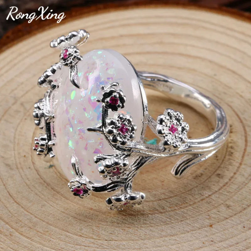 Женские кольца RongXing с большим камнем в виде цветка сливы белым огненным опалом
