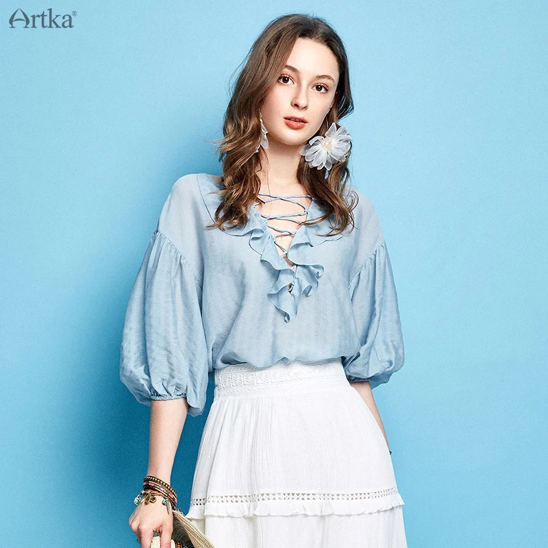 Женская блузка ARTKA однотонная винтажная с рукавом-фонариком на весну и лето 2019 |