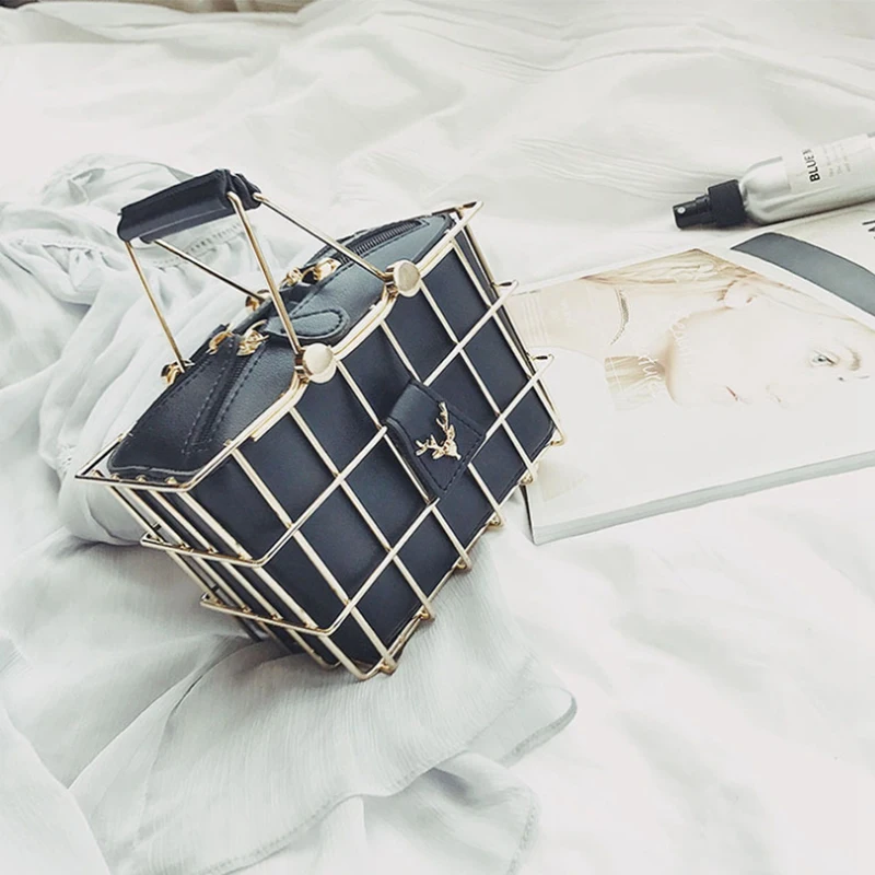 

AUAU-Fashion Designer Women Handbags New High-Quality PU Leather Women Bag Iron Basket Square Bag Chain Shoulder Messenger Bag