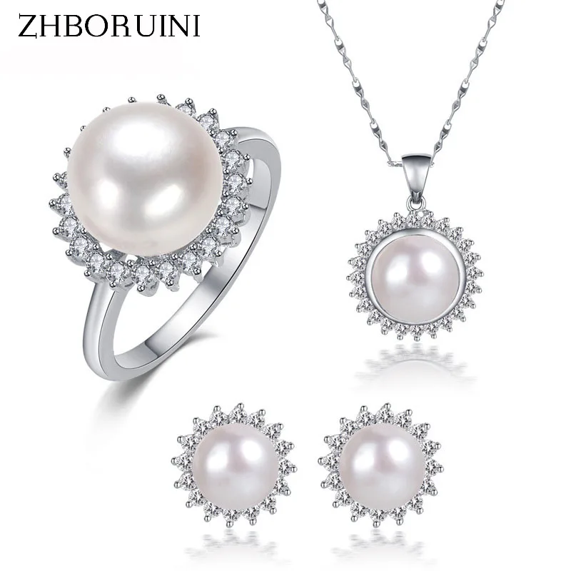 ZHBORUINI Fashion Pearl Jewelry Sets Natural Freshwater Pearls Necklace Earrings 925 Sterling Silver Jewelry Pendants For Women
