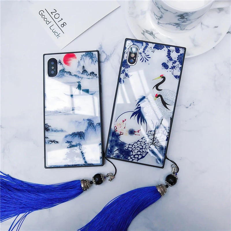 Для iPhone 11 Pro Max 6 6s 7 8 Plus X XS чехол роскошный китайский сине-белый фарфор закаленное стекло Чехол для Телефона Ремень бампер Funda