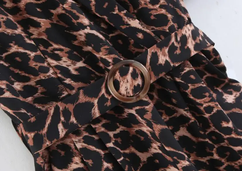 2019 Retro Cross V neck Backless Leopard Jumpsuit Woman Short sleeve Buckle Sashes Full Length Pants Rompers Belt Bodysuits | Женская