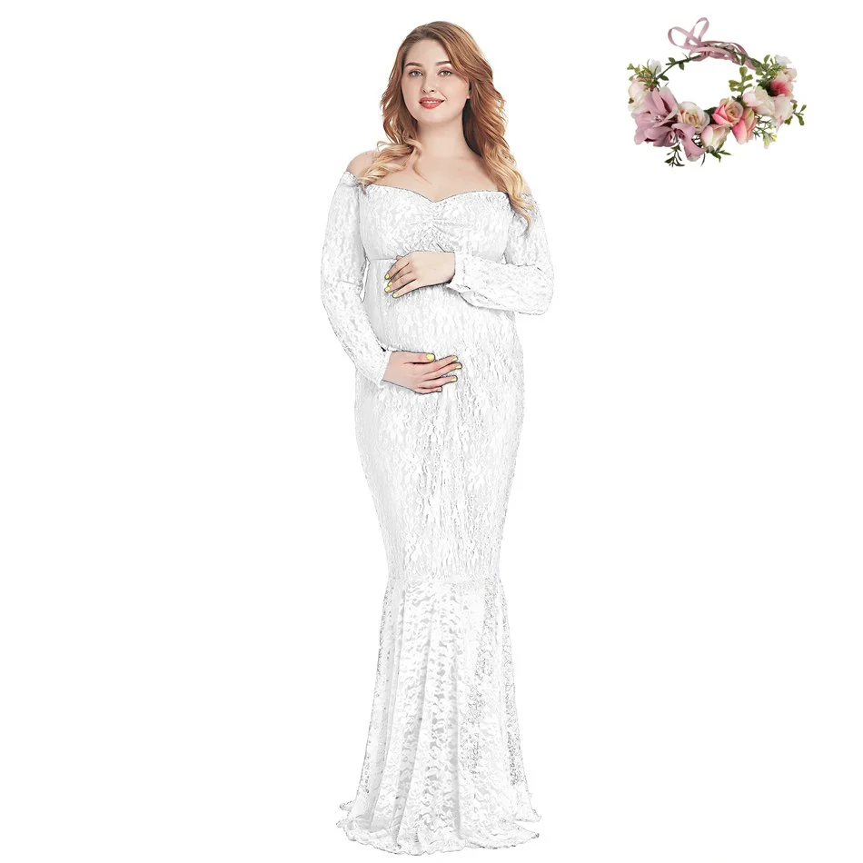 Dress 1 and Garland VOGUEON Для женщин с открытыми плечами длинное платье для беременных для фотографии кружевное вечернее платье леди Baby Shower беременных Костюмы для фото - Цвет: Dress 1 and Garland