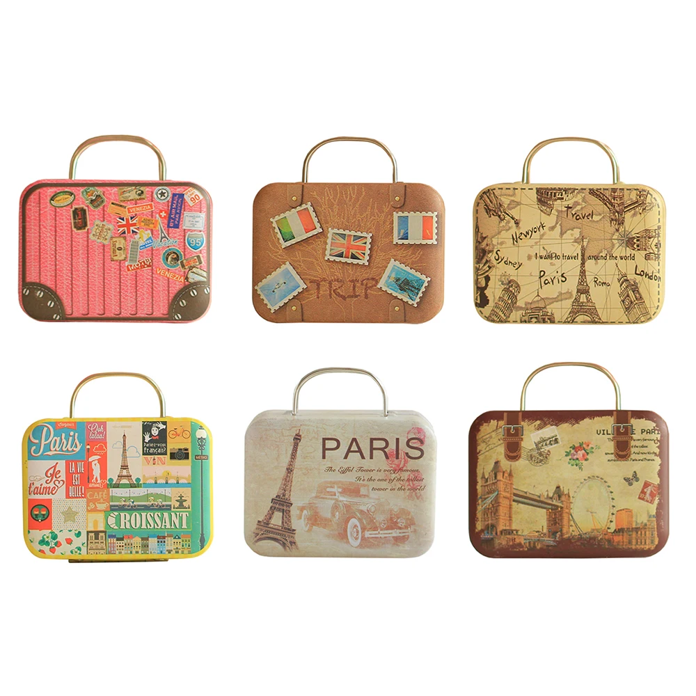 

Europe Type Vintage Suitcase Shape Candy Storage Box Wedding Favor Tin Box Cable Organizer Container Household 6 Styles Optional