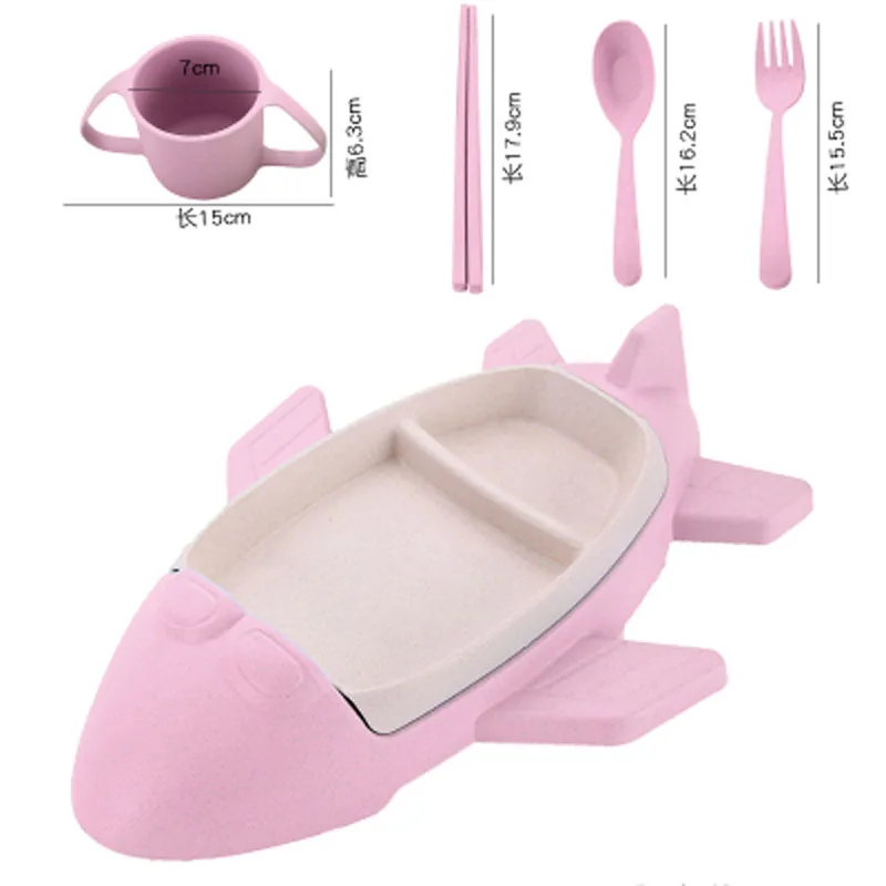 Pink Airplane Set 5 шт. детская посуда для автомобиля, самолета, посуда для кормления детей, тарелка с героями мультфильмов, миска, вилка, ложка, чашка, посуда для еды, набор для кормления, поставщик - Цвет: Pink Airplane Set
