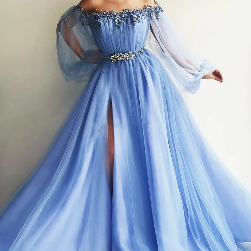 2019 Off The Shoulder Evening Dresses Puff Sleeves Appliques Beaded Tulle Satin Split Side Floor Length Light Blue Prom | Свадьбы и