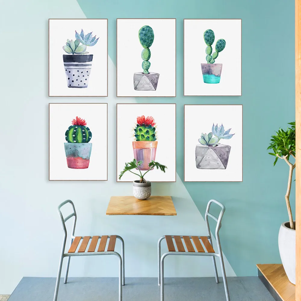 

Watercolor Green Plant Flowers Cactus Posters Succulent Nordic Style Garden Wall Art Pictures Living Room Decor