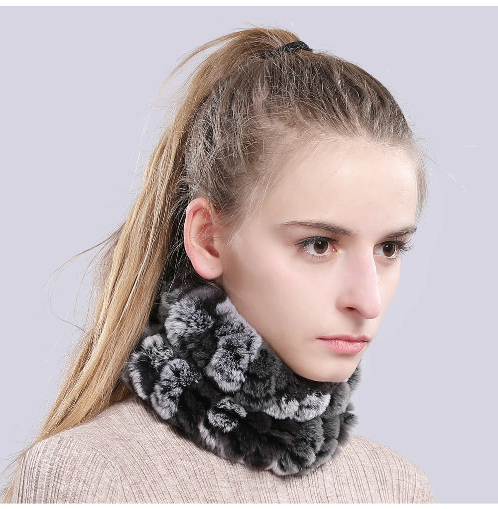 Women Real Fur Handmade Stretch Fur Scarf Knit Genuine Rex Rabbit Fur Headbands Girls Natural Fur Ring Cowl Snood Scarves Winter